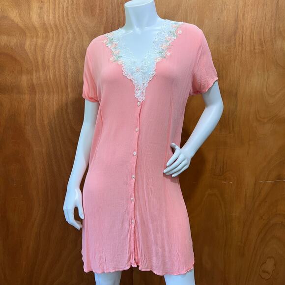 Miss Alenza Pink Nightgown Lace Trim Button Front EU 42 US Medium 36" Length - Picture 1 of 8